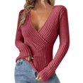 thumbnail image 1 of Womens Cleavage Tops Ribbed Knit Long Sleeve Shirts Deep V Neck Tees Going Out Outfits Clubwear, 1 of 8