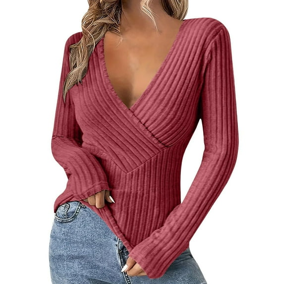 Womens Cleavage Tops Ribbed Knit Long Sleeve Shirts Deep V Neck Tees Going Out Outfits Clubwear