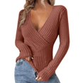 thumbnail image 1 of Womens Cleavage Tops Ribbed Knit Long Sleeve Shirts Deep V Neck Tees Going Out Outfits Clubwear, 1 of 9