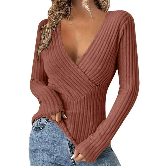 Womens Cleavage Tops Ribbed Knit Long Sleeve Shirts Deep V Neck Tees Going Out Outfits Clubwear