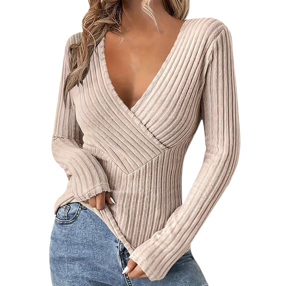 Womens Cleavage Tops Ribbed Knit Long Sleeve Shirts Deep V Neck Tees Going Out Outfits Clubwear
