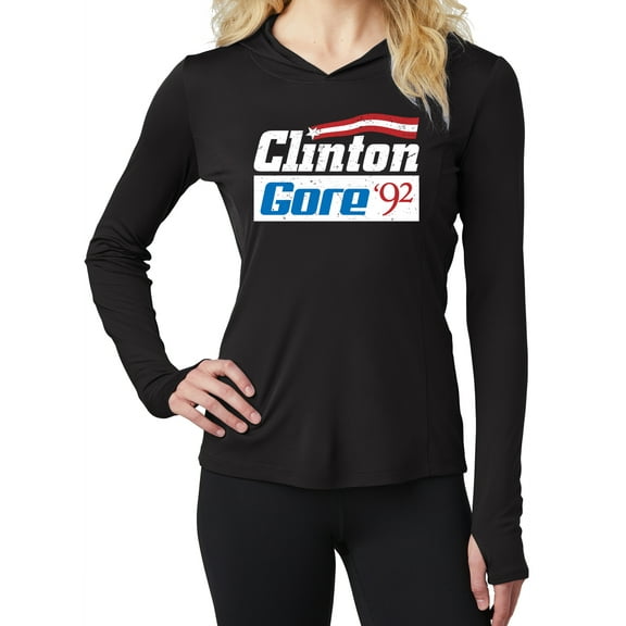 Womens Clinton Gore '92 Hoodie Tee with Thumbholes - Black, XL