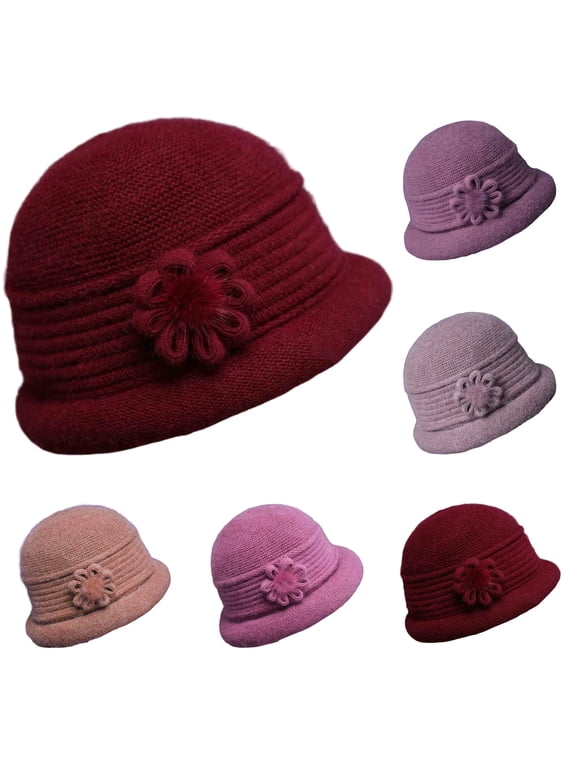 Womens Cloche Hat, Winter Knit 1920 Vintage Beanie Cap Bowler Church Bucket Dress Felt for Women Ladies Seniors,One Size