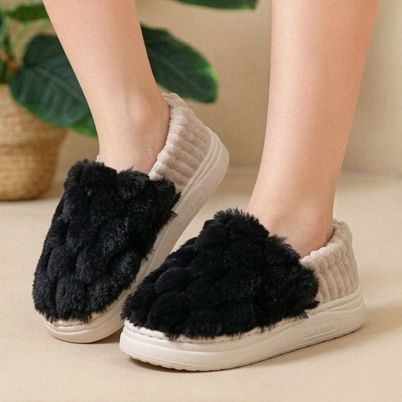 Womens Closed Back Fuzzy Slippers Bubble Fleece Lined Platform Warm Plush Non Slip House Slippers