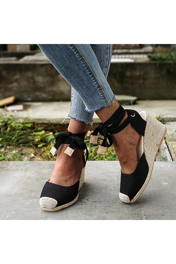 Womens Closed Toe Espadrilles Wedges Trendy Tie Lace Up Platform Ankle Strap Heels Lightweight Sandals Summer Dress Shoes