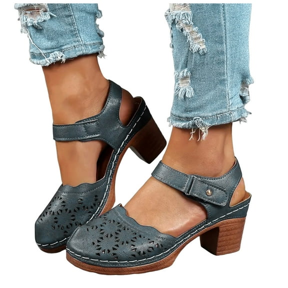 Womens Closed Toe High Heel Dress Sandals Summer Fall Platform Chunky Heeled Ladies Dressy Pumps Shoes