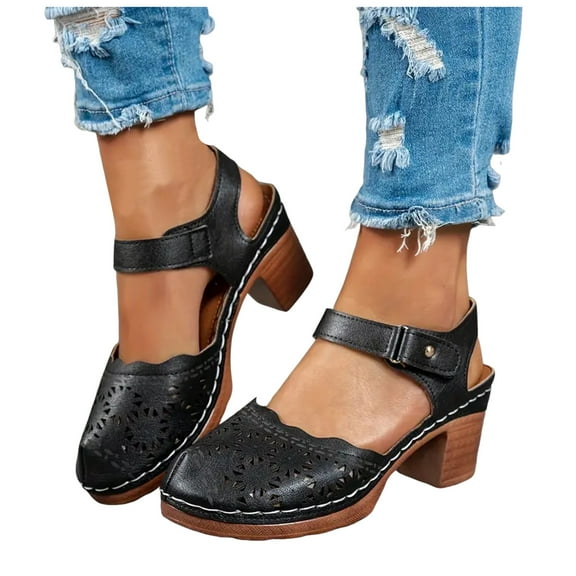 Womens Closed Toe High Heel Dress Sandals Summer Fall Platform Chunky Heeled Ladies Dressy Pumps Shoes