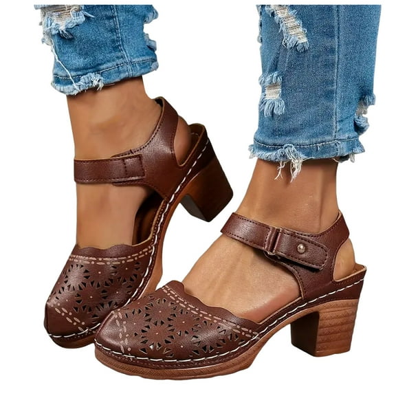 Womens Closed Toe High Heel Dress Sandals Summer Fall Platform Chunky Heeled Ladies Dressy Pumps Shoes