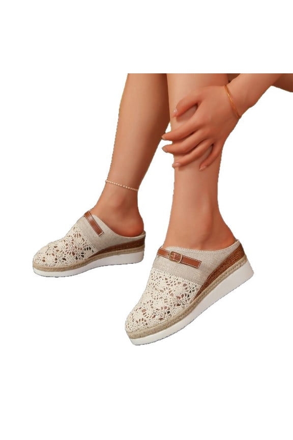 Womens Closed Toe Mules Hollow Out Crochet Sandals Breathable Slippers,Comfortable Summer Espadrille Wedge Shoes For Casual Beach Vacation,Lightweight Soft Sole Slip On Indoor Outdoor Wear