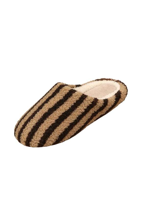 Womens Closed Toe Striped Terry Cloth Indoor Shoes - Warm Plush Non-Slip Slide Mules, Lightweight Bedroom Slippers