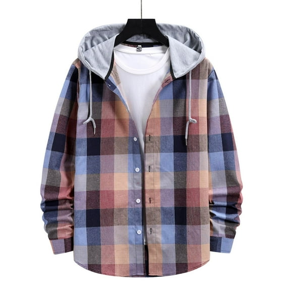 GaThRRgYP Mens Hooded Sweatshirts with Button,Men Turndown Lattice Spring Long Sleeve Cardigan Buttoned Hooded Shirt