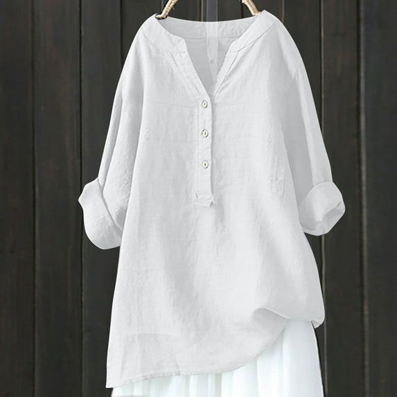 GaThRRgYP Off the Shoulder Tops for Women,Womens Summer Tops Plus Size,Women's V-Neck Long Sleeve Loose Button Cotton and Linen Tunic Shirts Summer Shirts Blouse