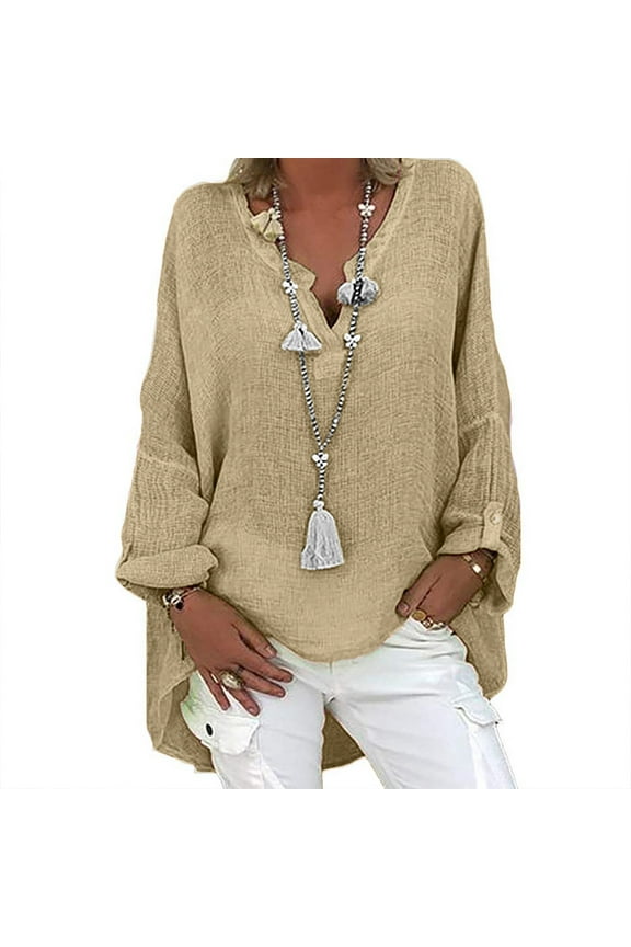 Womens Clothes 2026 ! asdoklhq Blouse for Women,Plus Size Women Casual Long Sleeve Solid Loose V-neck Shirt Blouse Top