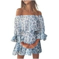 thumbnail image 1 of Womens Clothes Clearance 2025 Clearance! asdoklhq Juniors Plus Dresses & Rompers, Women's Summer Casual Off Shoulder Printing Bell Sleeve Dresses, 1 of 5