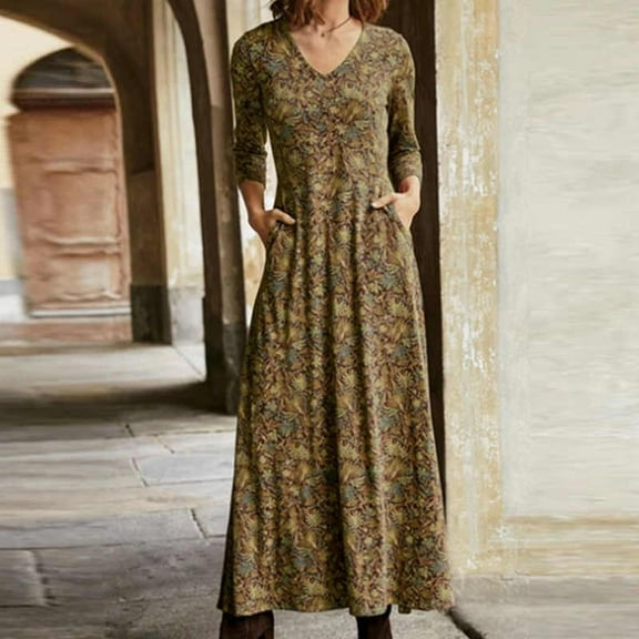 Womens Clothes 2026 ! asdoklhq Woman Plus Size Dresses,Flowers Print Long Sleeve Pocket Vintage Long Dress