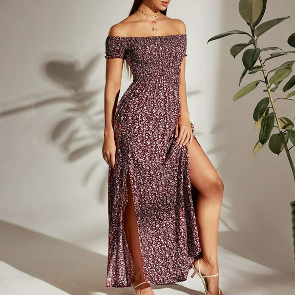 Womens Clothes 2026 ! asdoklhq Woman Plus Size Dresses,Summer Bohemian Floral Printed Short Sleeve Party Long Maxi Dress