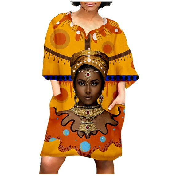 Womens Clothes Clearance 2025 Clearance! asdoklhq Womens Plus Size Clearance Dresses,Women African Vintage Print Middle Sleeve V Neck Casual Mini Dress