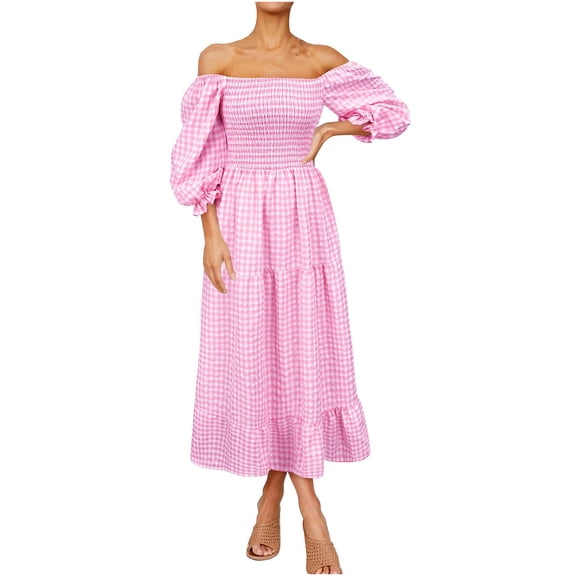 Womens Clothes 2026 ! asdoklhq Womens Plus Size Dresses,Women's Boho Puff Sleeve Shoulder Summer Casual Plaid Ruffle Midi Long Dress