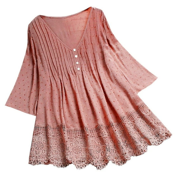 Womens Clothes 2026 ! asdoklhq Womens Plus Size Tops,V-Neck T-Shirt 3/4 Sleeves Vintage Jacquard Blouses