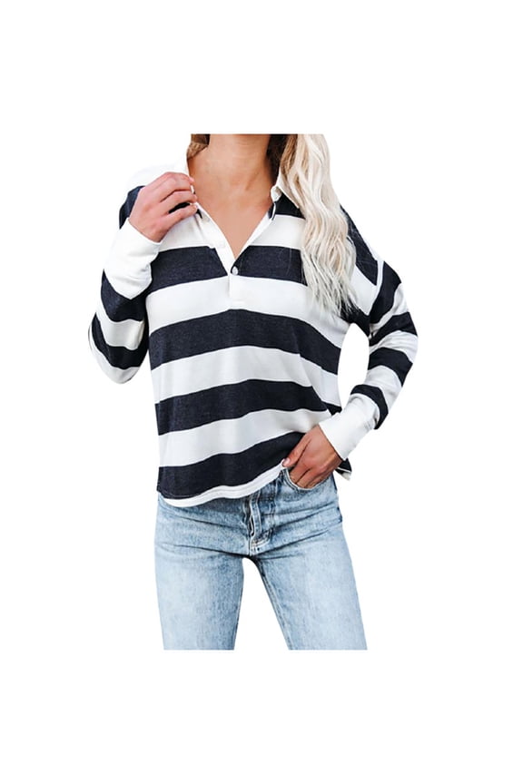 Womens Clothes 2026 ! asdoklhq Womens Plus Size Tops,Women Classic Long Sleeves Striped Print Lapel Button Long Sleeve Top T-shirt