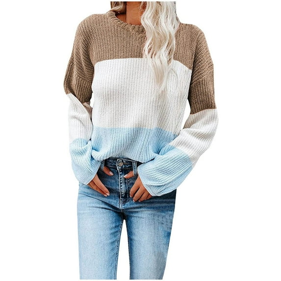 Womens Clothes Clearance 2025 Clearance! asdoklhq Womens Plus Size Tops Clearance,Women's Solid Color Splicing Line O-Neck Long Sleeve Sweater Tops Blouse