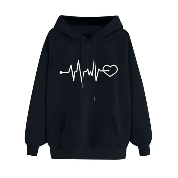 LEAVINGSUO Hooded Sweaters for Women,Women's Comfortable Sweater Heart Pattern Printed Women's Hooded Pocket Drawstring Sweater