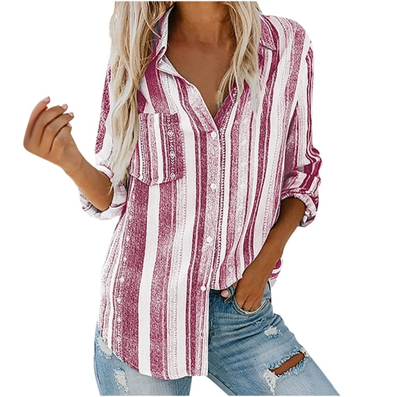 LEAVINGSUO Womens Tops & T-Shirts- Round-Neck Casual Womens Fashion V Neck Striped Roll Up Sleeve Blouses Tops with Pocket Loose Shirt