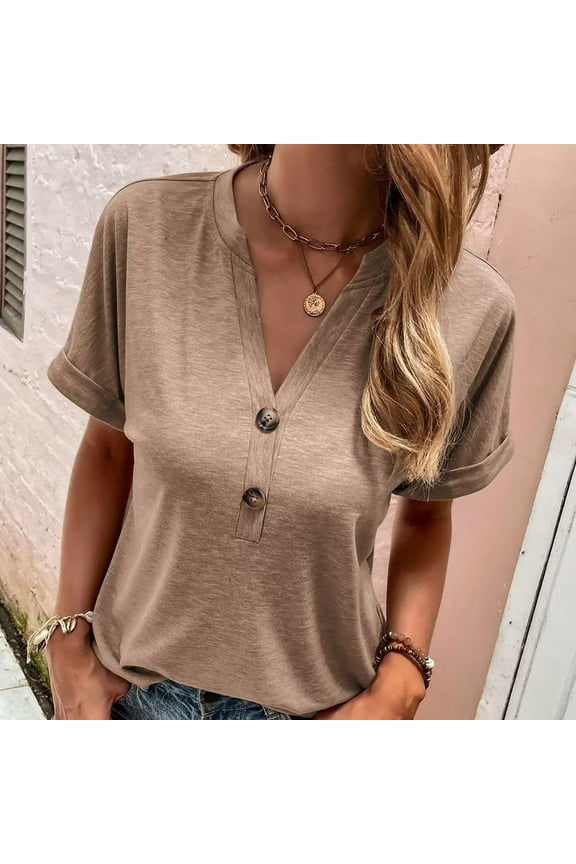 Womens Clothes Fashion Women's Summer V Neck Leisure Short Sleeve Buttons Solid Tops