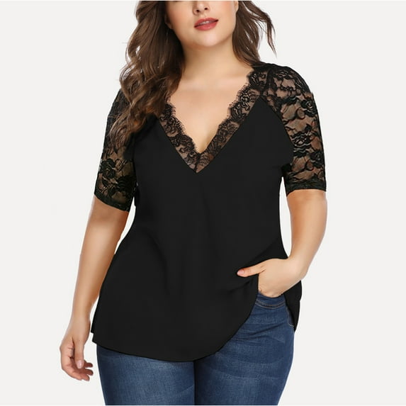 Womens Clothes Ladies Plus Size Tops Plus Size Womens Casual Half Sleeve Solid Lace V-Neck Splicing T-shirt Net Yarn Tops