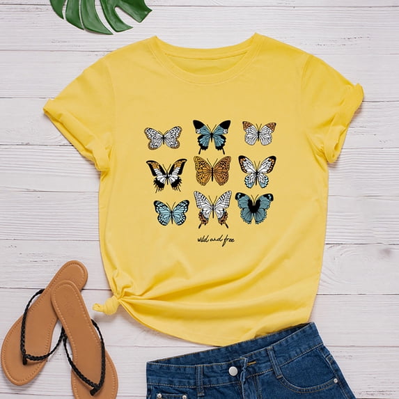 Womens Clothes Clearance Women's Fashion Casual Loose Butterfly Print Round Neck Top T-Shirt