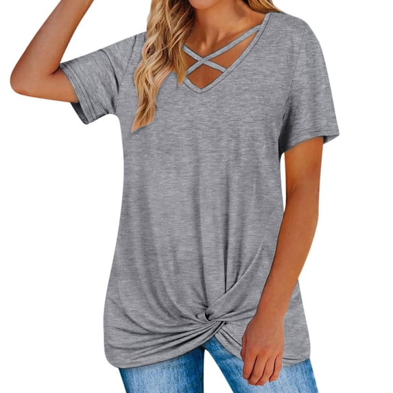 Womens Clothes Women's Fashion Casual Women's V-Neck Short Sleeve Solid Color Cross Top