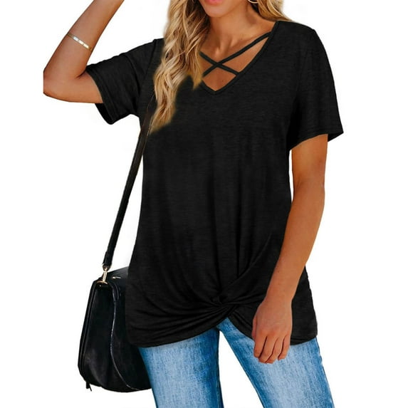 Womens Clothes Women's Fashion Casual Women's V-Neck Short Sleeve Solid Color Cross Top
