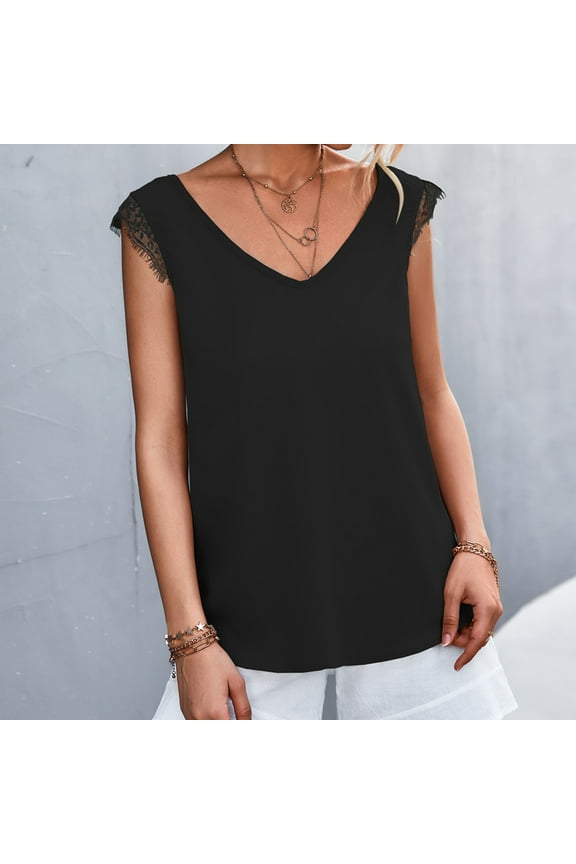 Womens Clothes under $5.00 Clothing Fashion Women Summer Sleeveless Solid Color V-Neck Lace Casual Blouse Tops