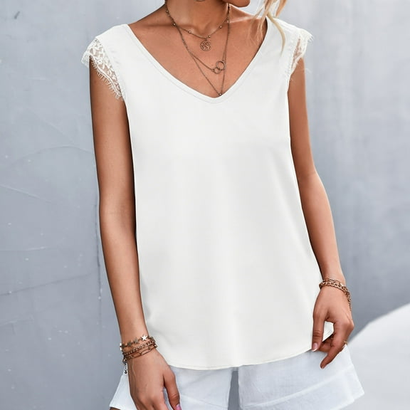 Womens Clothes under $5.00 Clothing Fashion Women Summer Sleeveless Solid Color V-Neck Lace Casual Blouse Tops