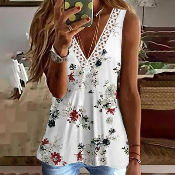 Womens Clothes under $5.00 Clothing Fashion Women's Casual Printed V-Neck Sleeveless Pullover Off Shoulder Lace Tops Blouse T-shirt