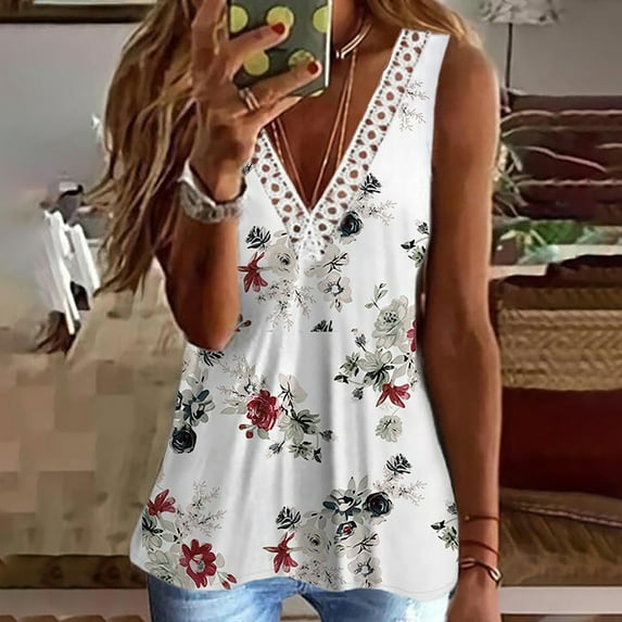 Womens Clothes under $5.00 Clothing Fashion Women's Casual Printed V-Neck Sleeveless Pullover Off Shoulder Lace Tops Blouse T-shirt