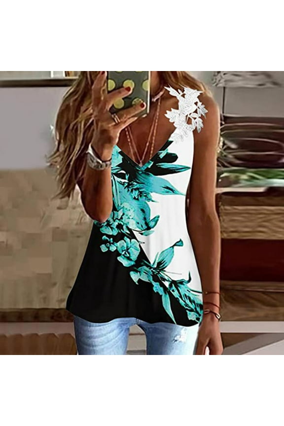 Womens Clothes under $5.00 Clothing Fashion Women's Casual Printed V-Neck Sleeveless Pullover Off Shoulder Lace Tops Blouse T-shirt