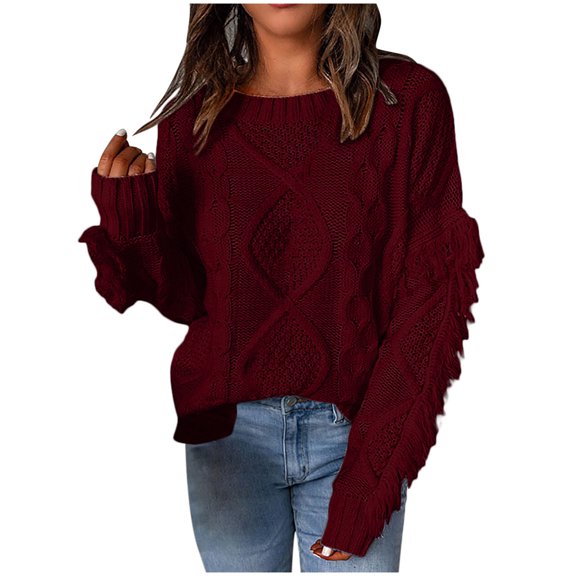 Womens Clothes Fall Sweaters for Women Crewneck Tassel Long Sleeve Solid Color Casual Cable Knit Sweaters Pullover Tops