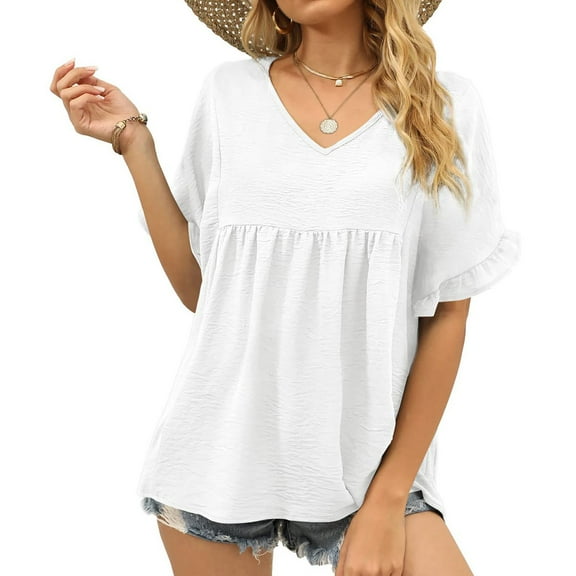 Womens Clothes Plus Size Women Top Plus Women Crewneck Solid V-neck Tees Ruffle Sleeve Short Sleeve T Shirt Blouse Loose Fit Peplum Tops clothes under $10.00