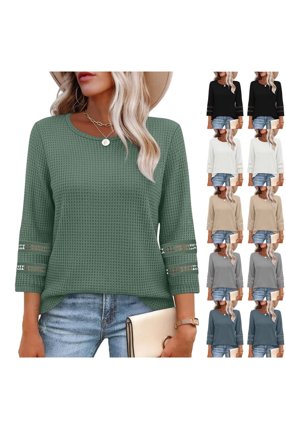 Womens Clothes Solid Color Lace Patchwork Pineapple 3/4 Sleeve Round Neck T-shirt Tops Classic-Fit Long-Sleeve T-Shirt (Available in Plus Size)