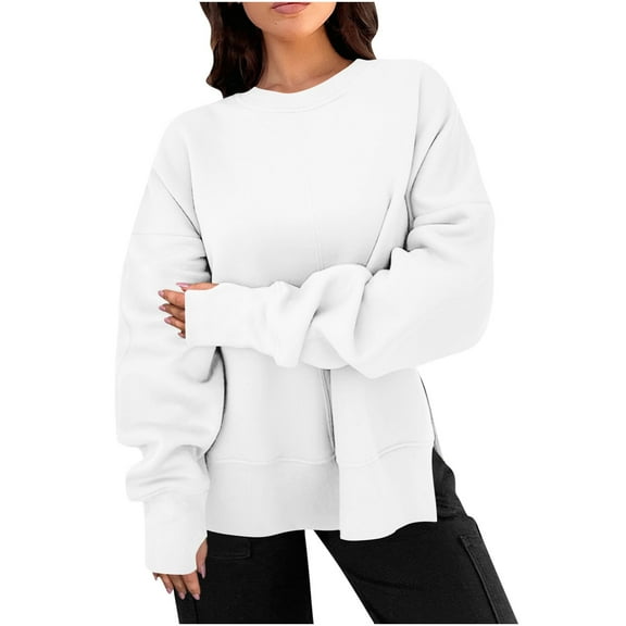 Womens Clothes Solid Color Round Neck Drop Shoulder Side Slit Loose Casual Sweatshirt Classic-Fit Long-Sleeve T-Shirt (Available in Plus Size)