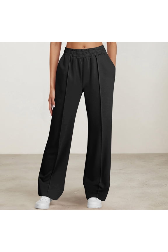 Womens Clothes Trendy Mid Waist Wide Leg Palazzo Pants Casual Loose Fit Solid Color Trouser with Pockets Classic Long Pants