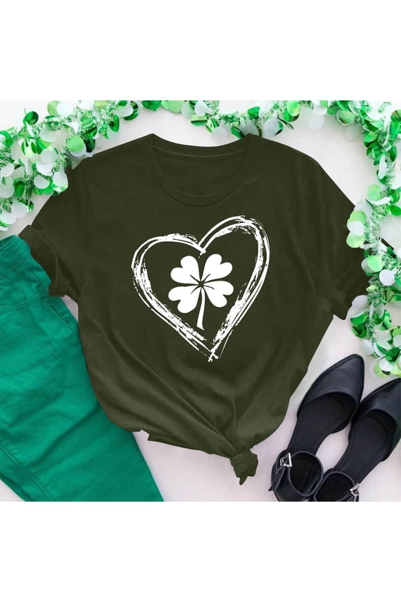 Womens Clothes Trendy Women's Clothes Ndbuld Women's New Crew-neck Short-sleeved Pullover Printed Casual Fashion Top,Army Green,2XL