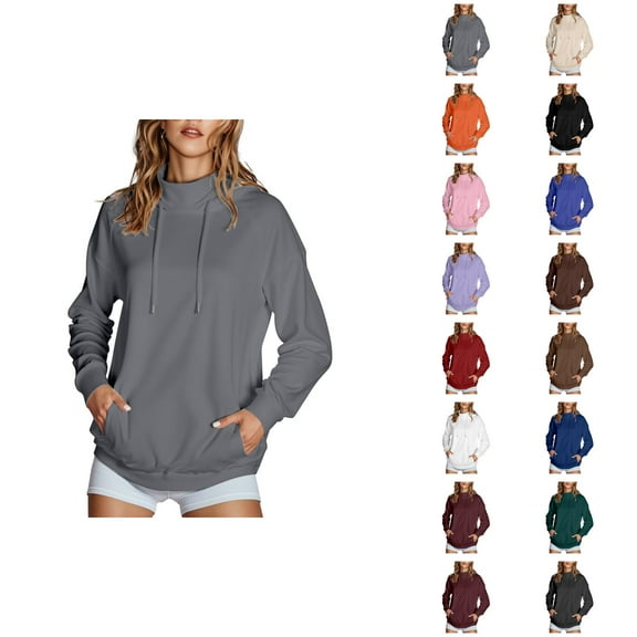 Womens Clothes Women's Solid Color Sweatshirt 2025 Women's Solid Color High Collar Hoodie With Side Pockets Non Velvet
