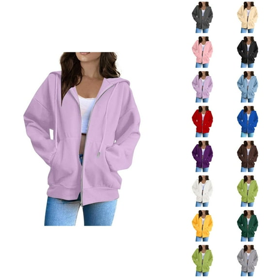Womens Clothes Women's Solid Color Sweatshirt Women Fashion Solid Loose Hooded Zipper Hoodie Long Sleeve Jacket