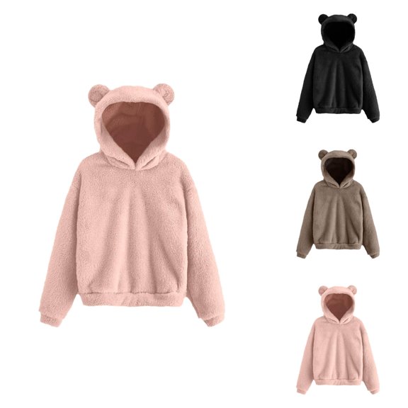 Womens Clothes Women's Solid Color Sweatshirt Women Long Sleeve Solid Sweatshirt Warm Bear Shape Fuzzy Hoodie Coat