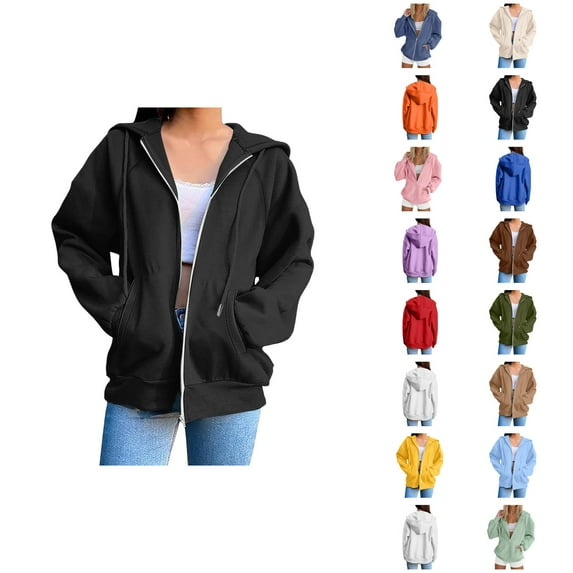 Womens Clothes Women's Solid Sweatshirt Trendy Women's Hoodies And Sweatshirts Stylish Solid Zip Up Jacket For Everyday Wear Long Sleeve Coat