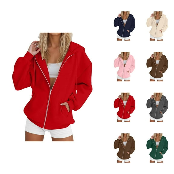 Womens Clothes Women's Solid Sweatshirt Women Fashion Solid Loose Hooded Zipper Hoodie Long Sleeve Jacket