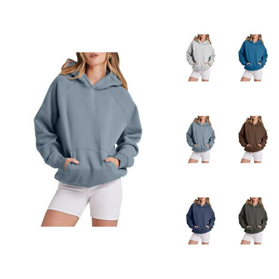 Womens Clothes Women's Solid Sweatshirt Women Solid Basic Letter Loose Hoodie Sweatshirt Long Sleeve Pocket Drop Shoulder Pullovers Top