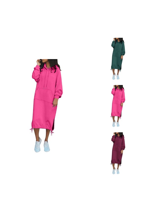 Womens Clothes Women's Solid Sweatshirt Women's Fall Sweatshirt Dresses Casual Long Sleeve Loose Pullover Hoodies Drawstring Split Hem Midi Dress With Pocket